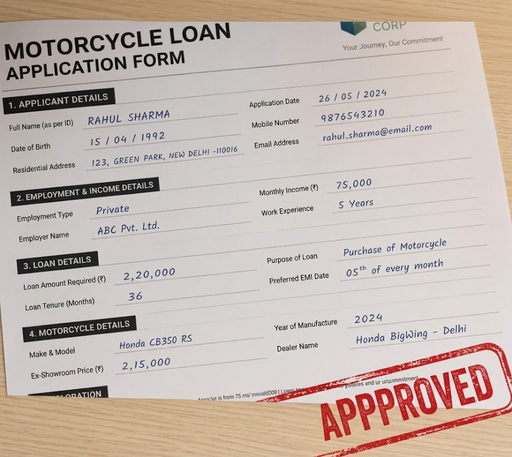 Borang permohonan pinjaman motosikal dengan cop merah 'APPROVED' di bahagian bawah