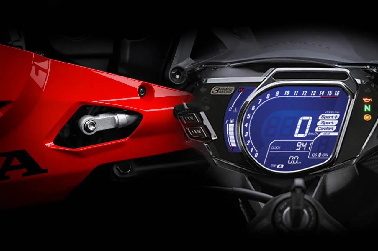 Mekanisme Quickshifter dan meter digital TFT dengan mod penunggangan Sport+, Sport, Comfort